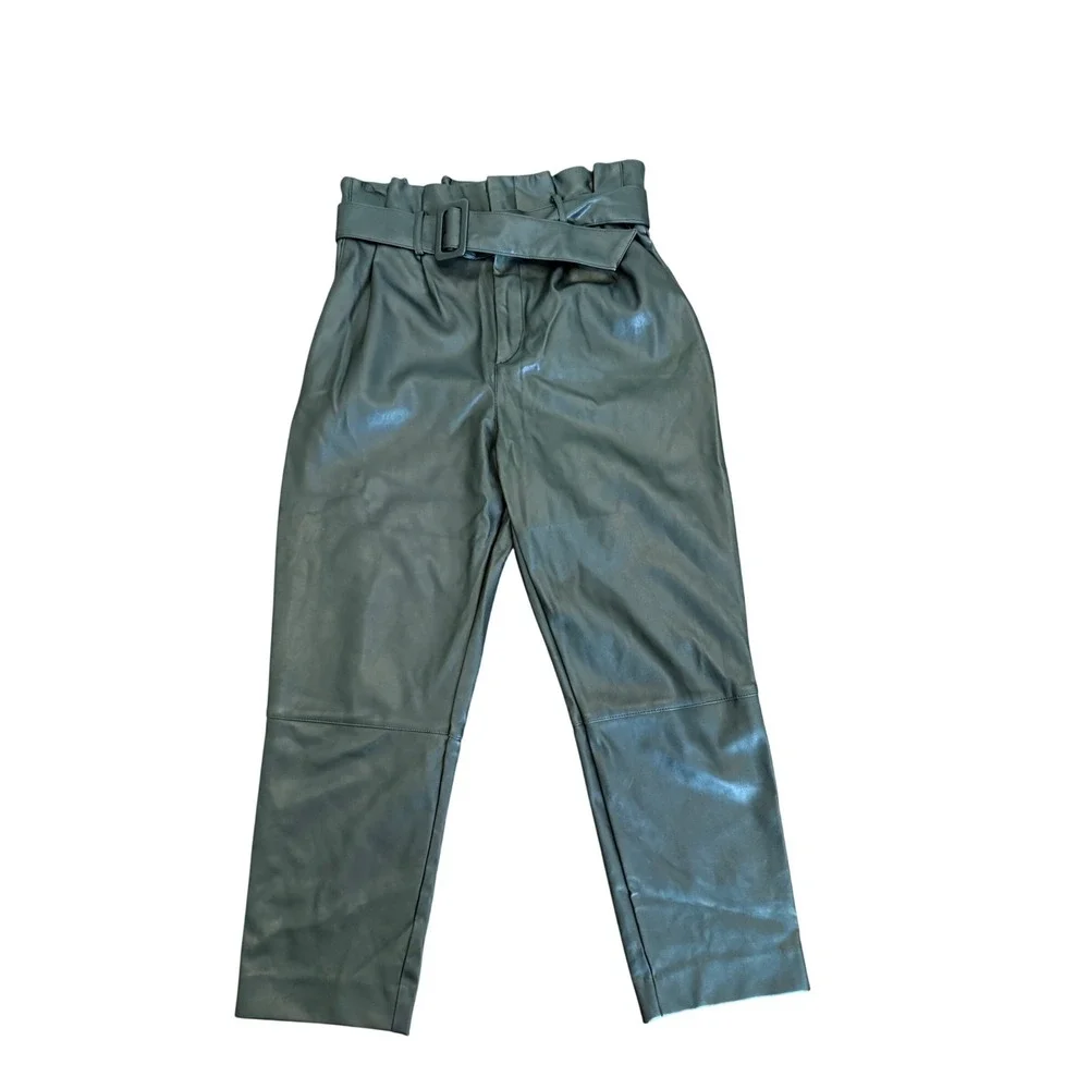 H&M Black Faux Leather Paperbag Waist Belted Tapered Pants Womens Size 8 Vegan